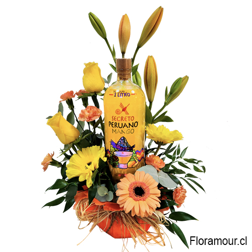 Arreglo Floral Con pisco sour de mango del El Secreto Peruano perfecto para toda Ocasi&oacute;n